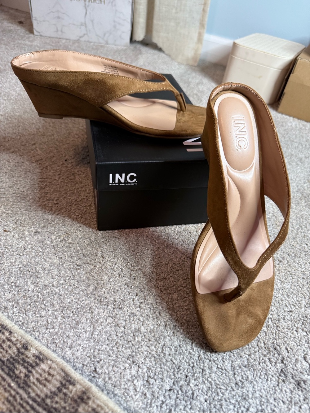 INC International Concepts Brown Suede Wedge Thong Sandals